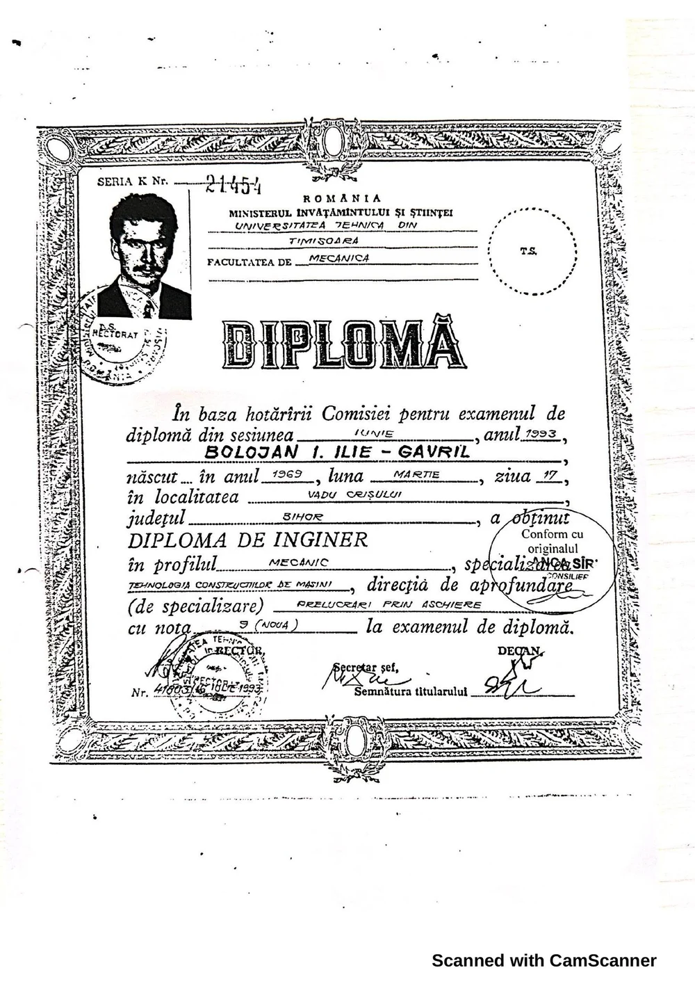 Ilie Bolojan a publicat diploma de absolvire