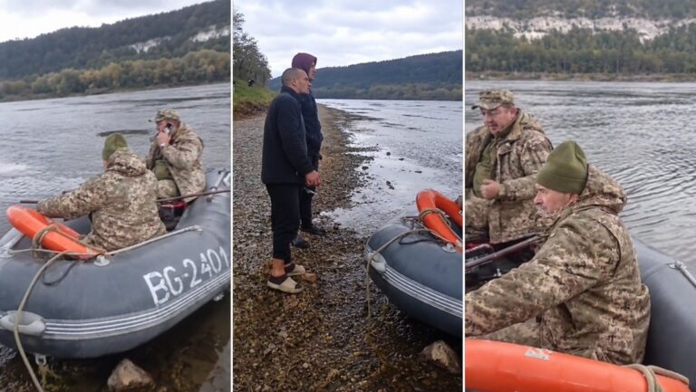 Montaj cu grăniceri ucraineni într-o barcă și persoane pe malul Nistrului